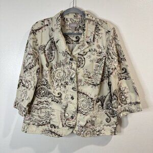 Chico's Jacket Blazer 3 / XL Jean Leopard Paisley Tan Pink 3/4 Sleeve